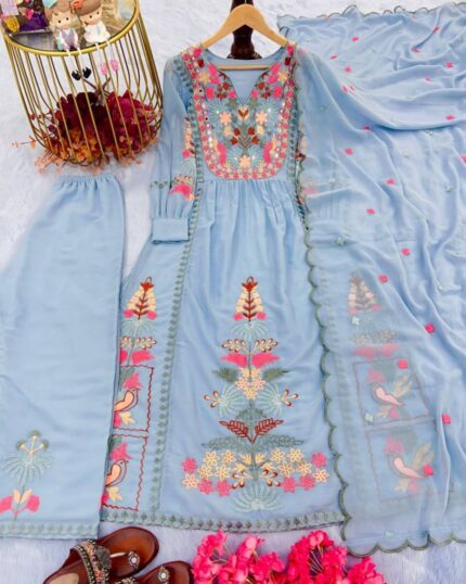Beautiful Powder Blue Heavy Georgette Mirror Work Salwar Suit With Dupatta