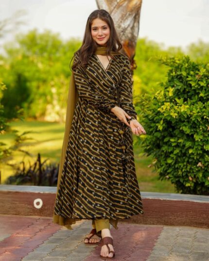 Beautiful Printed Black Rayon Anarkali Suit With Dupatta