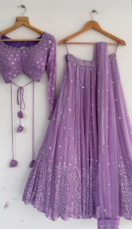 Beautiful Purple Georgette Silk Mirror Work Lehenga Choli With Dupatta