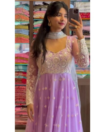 Beautiful Purple Georgette White Embroidery Work Anarkali Suit With Net Dupatta