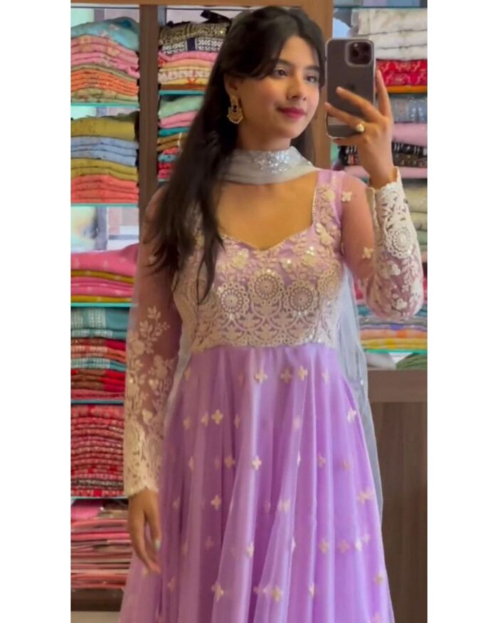 Beautiful Purple Georgette White Embroidery Work Anarkali Suit With Net Dupatta