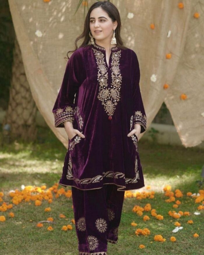 Beautiful Purple Micro Velvet Sequence Work Top With Pant