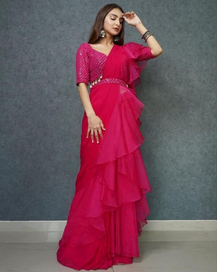Beautiful Rani Pink Apple Organza Ruffle Work Saree With Blouse And Belt