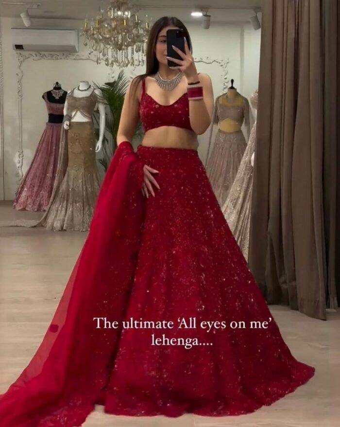 Beautiful Red Chinon Silk With Fancy Sequence Work Lehenga Choli With Dupatta