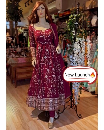 Beautiful Red Faux Georgette Embroidery Work Anarkali Gown With Dupatta