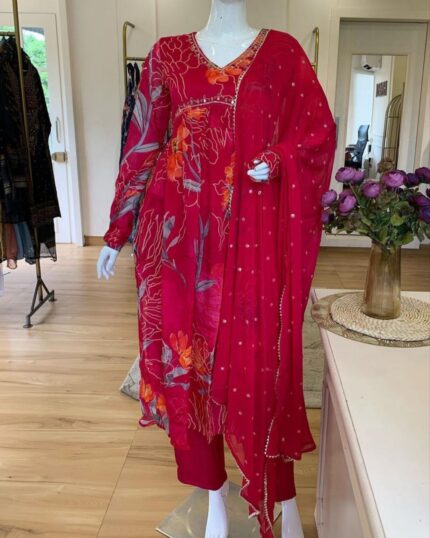 Beautiful Red Faux Georgette Hand Work Salwar Suit With Dupatta