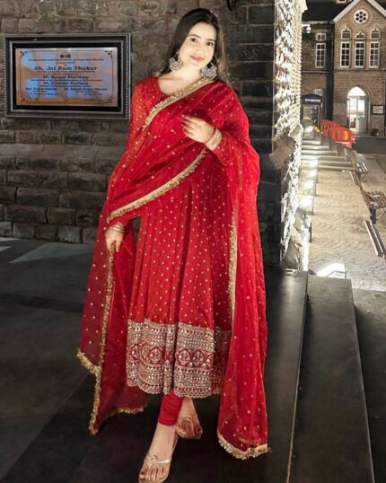 Beautiful Red Faux Georgette Sequence Work Anarkali Suit With Dupatta