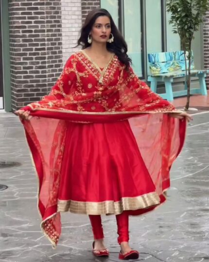 Beautiful Red Pure Georgette With Fancy Embroidery Thread Work Anarkali Suit With Dupatta