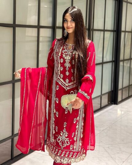 Beautiful Red Pure Georgette With Sequence Work Pant Suit With Dupatta