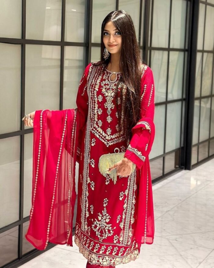 Beautiful Red Pure Georgette With Sequence Work Pant Suit With Dupatta