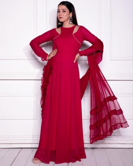 Beautiful Rose Red Faux Georgette Ruffle Work Gown With Drapped Dupatta