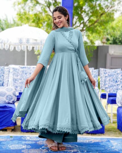 Beautiful Sea Green Heavy Georgette Gpo Lace Border Anarkali Suit With Dupatta