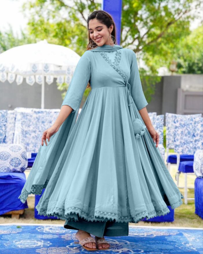 Beautiful Sea Green Heavy Georgette Gpo Lace Border Anarkali Suit With Dupatta