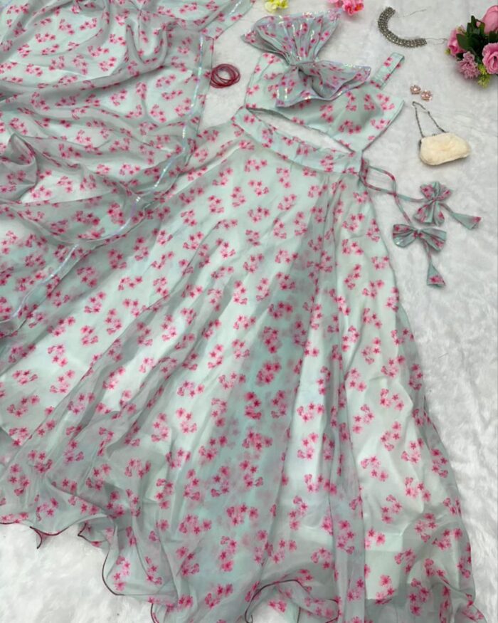 Beautiful Sea Green Printed Organza Silk Lehenga Choli With Dupatta