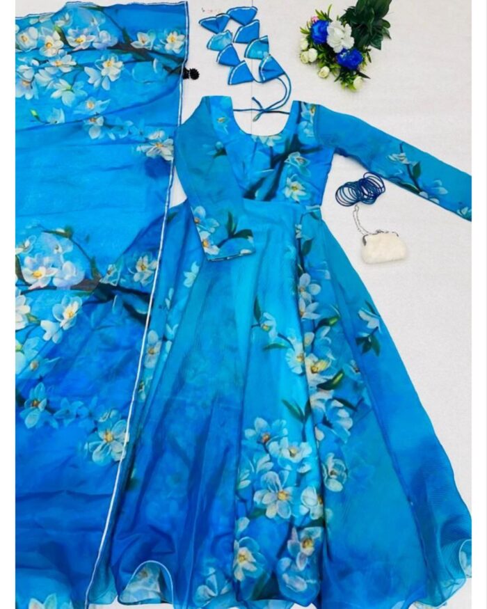 Beautiful Sky Blue Floral Printed Organza Anarkali Suit With Dupatta
