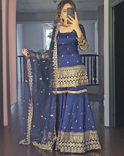 Beautiful Vichitra Silk With Fancy Embroidery Thread Work Gharara Suit With Dupatta