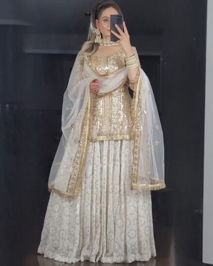 Beautiful White Faux Georgette Heavy Sequence Work Lehenga Choli With Dupatta