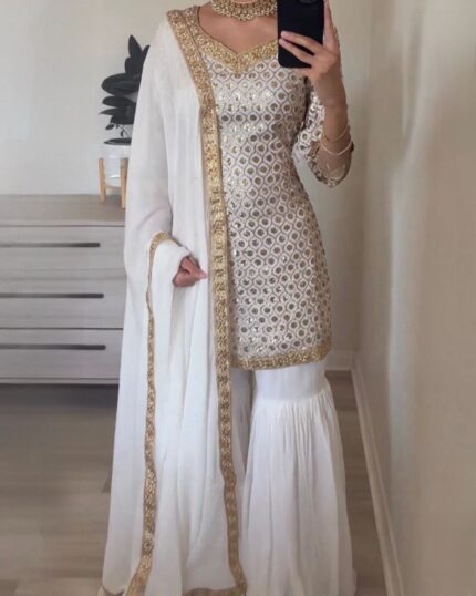 Beautiful White Heavy Georgette Sequence Work Sharara Suit With Dupatta