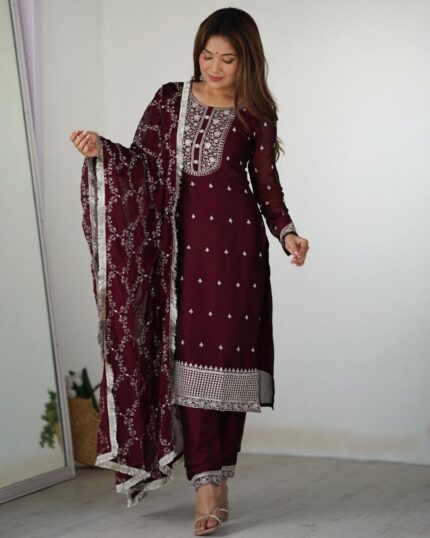 Beautiful Wine Rangoli Silk With Sequence Work Salwar Suit With Dupatta