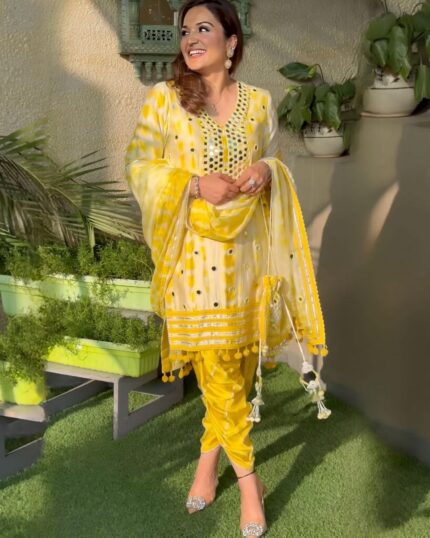 Beautiful Yellow French Crape Paper Mirror Work Dhoti Salwar Suit With Dupatta