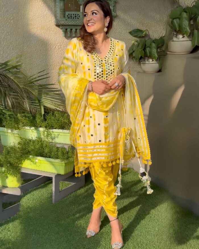 Beautiful Yellow French Crape Paper Mirror Work Dhoti Salwar Suit With Dupatta