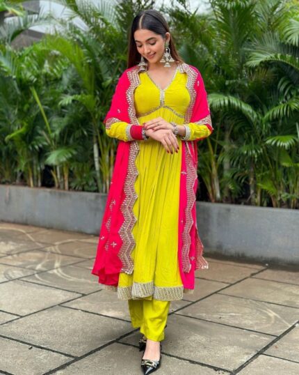 Beautiful Yellow Pure Georgette With Sequence Work Anarkali Suit With Dupatta