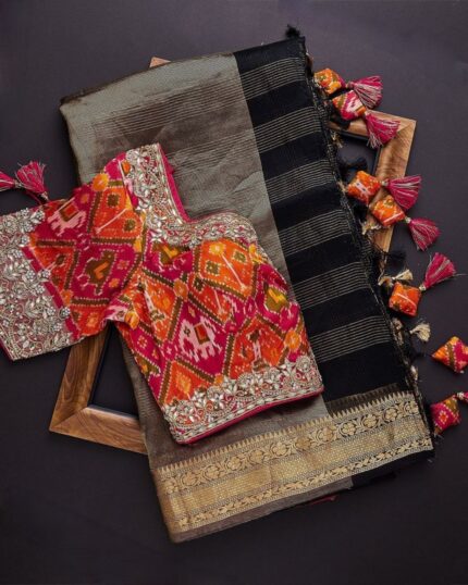 Black Soft Silk Jacquard Work Saree With Blouse