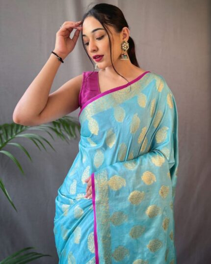 Blue Lichi Silk Banarasi Saree With Blouse