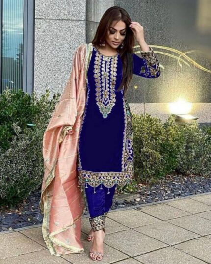Blue Micro Velvet Embroidery Work Pakistani Suit With Contrast Dupatta