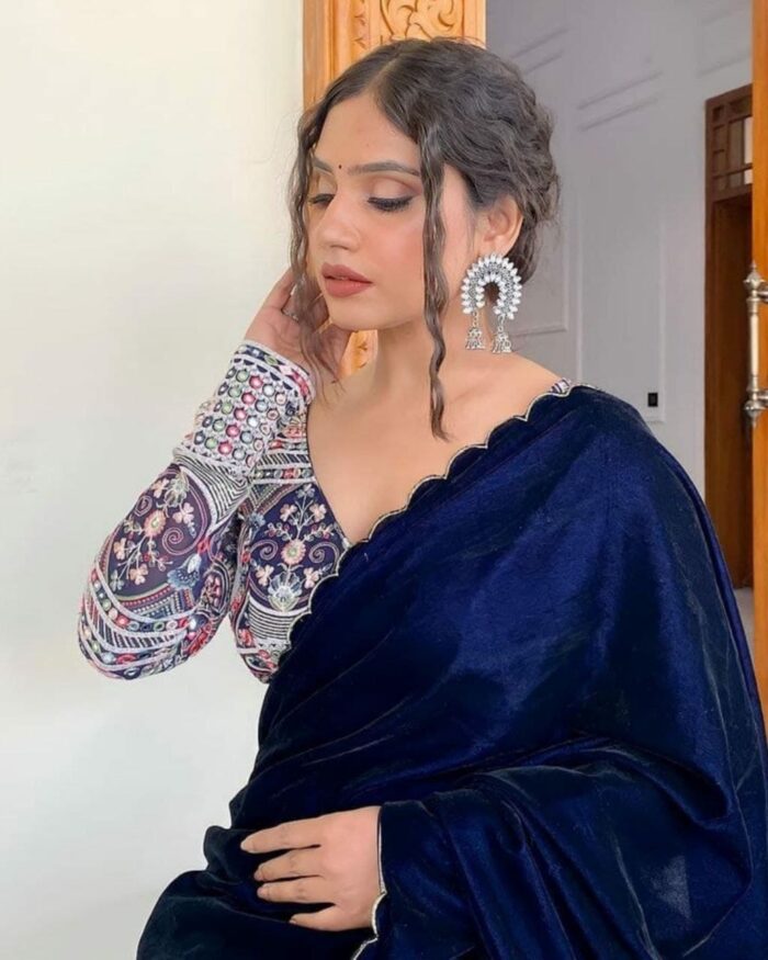 Blue Velvet Heavy Embroidery Work Saree With Blouse