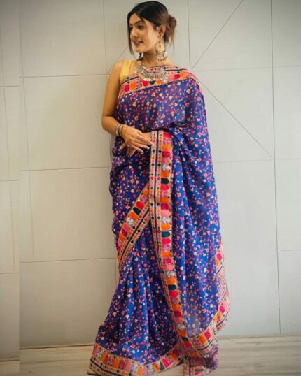 Blue Vichitra Silk Digital Print Saree With Blouse