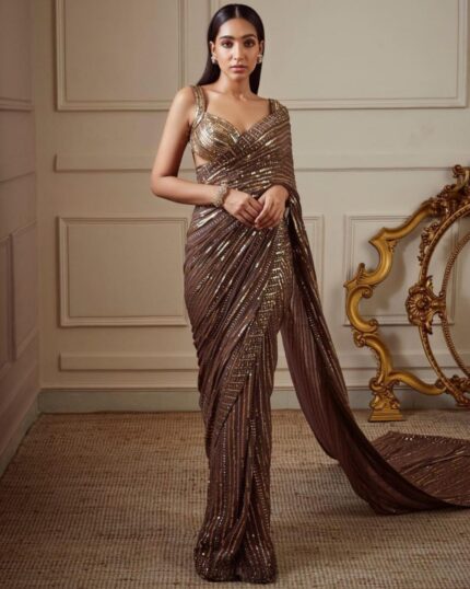 Brown Metallic Sequence Embroidery Dual-Toned Georgette Saree With Blouse