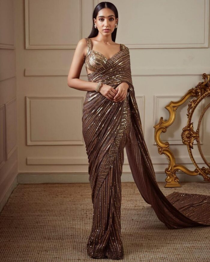 Brown Metallic Sequence Embroidery Dual-Toned Georgette Saree With Blouse