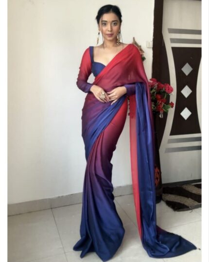 Buy Blue-Red Rangoli Silk Shaded Work Saree With Blouse