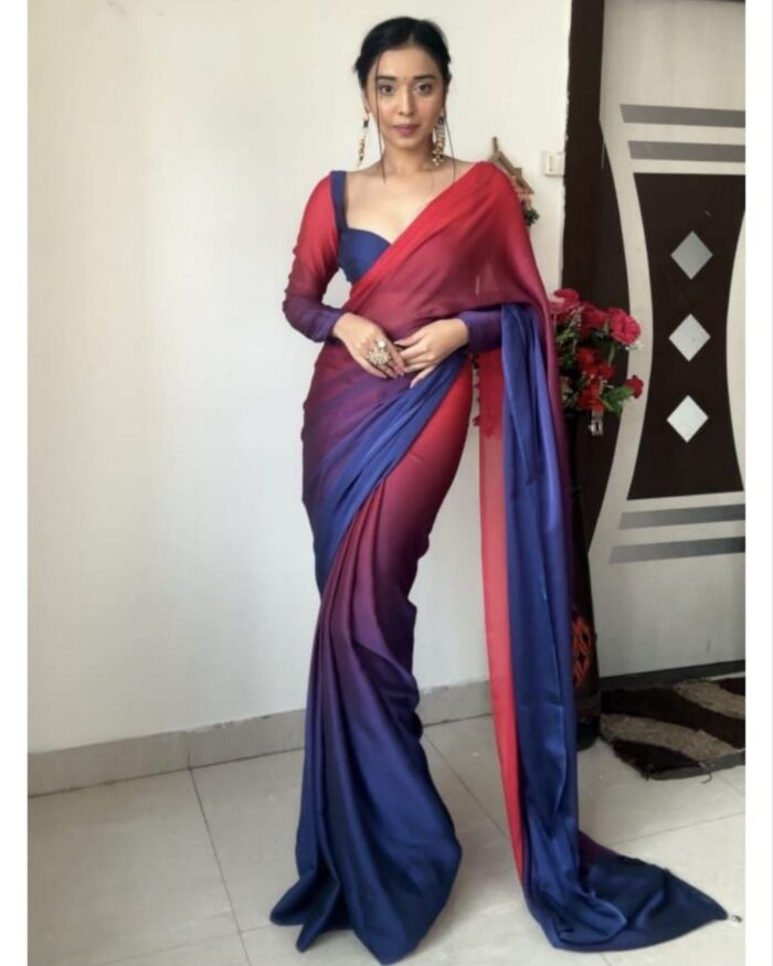 Buy Blue-Red Rangoli Silk Shaded Work Saree With Blouse