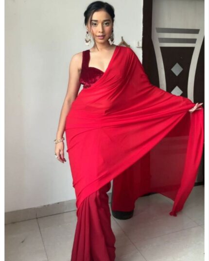 Buy Plain Red Georgette Saree With Velvet Blouse