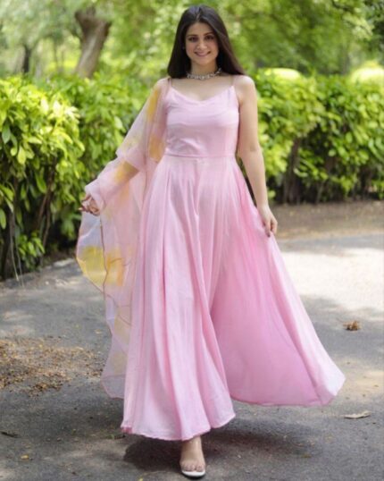 Casual Baby Pink Thread Work Anarkali Suit With Dupatta