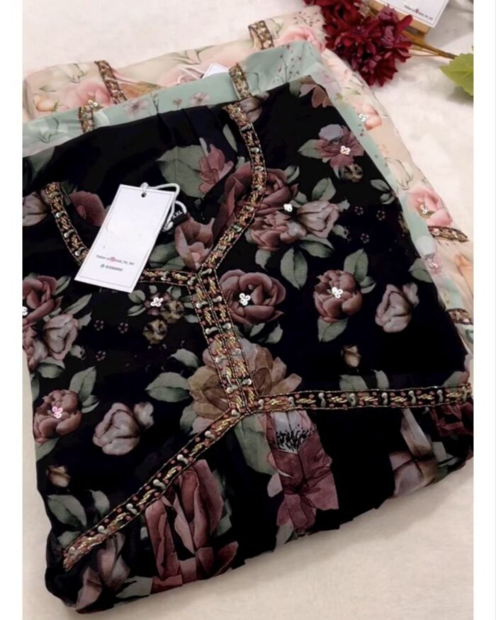 Casual Black Faux Georgette Digital Print Work Alia Cut Suit With Dupatta