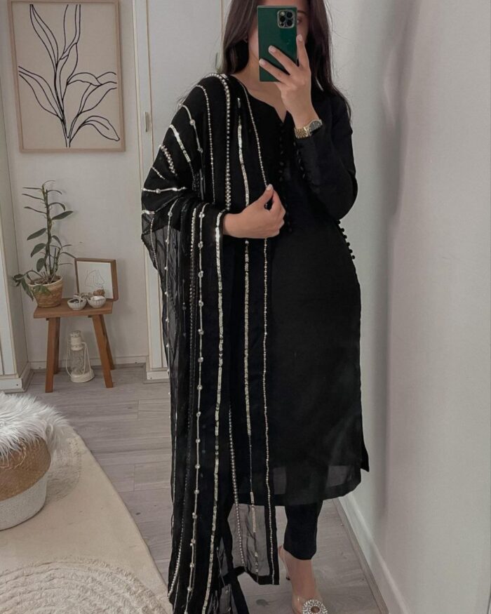 Casual Black Faux Georgette Embroidery Work Pant Suit With Dupatta