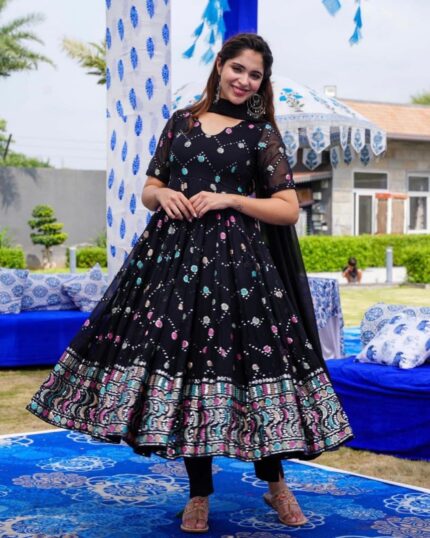 Casual Black Faux Georgette Sequence Work Anarkali Suit With Dupatta