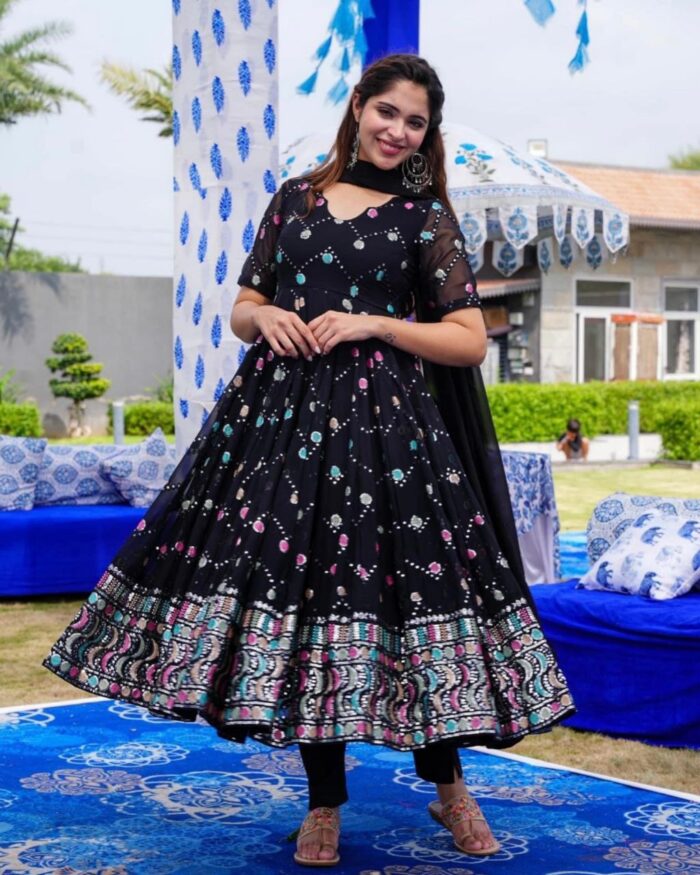 Casual Black Faux Georgette Sequence Work Anarkali Suit With Dupatta