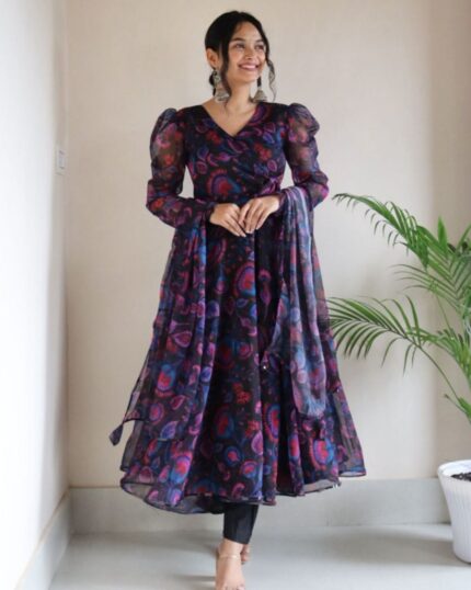 Casual Black Floral Printed Georgette Silk Anarkali Suit With Dupatta