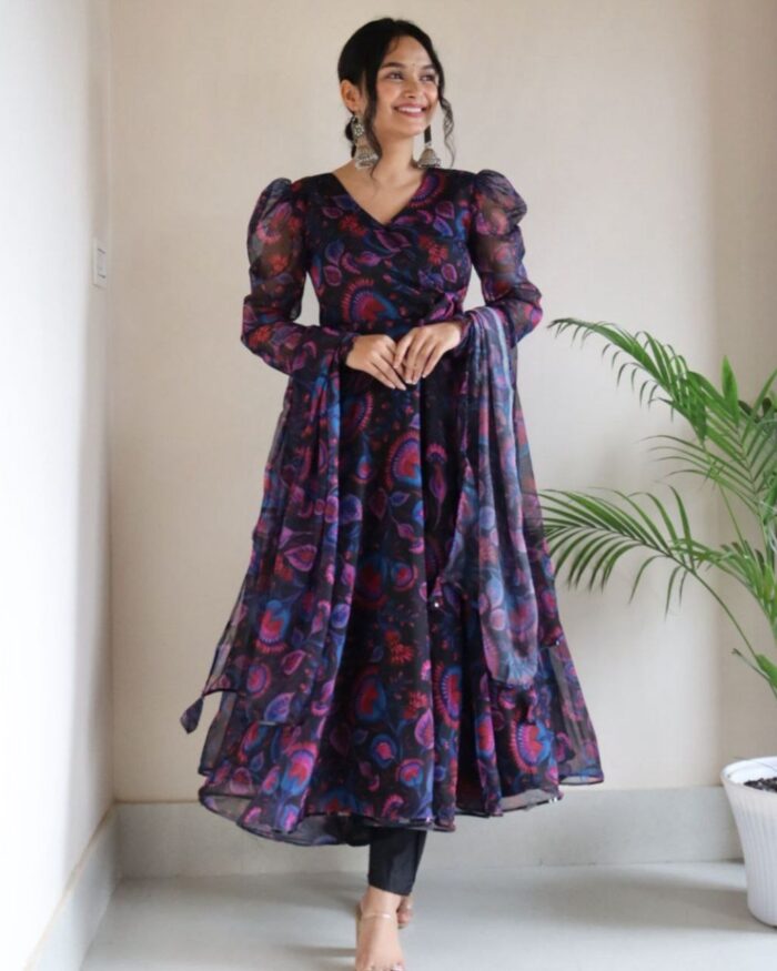 Casual Black Floral Printed Georgette Silk Anarkali Suit With Dupatta