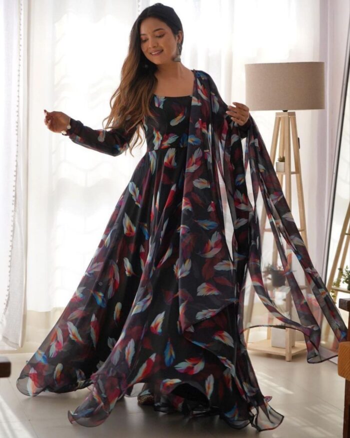Casual Black Heavy Georgette Digital Printed Work Anarkali Gown With Dupatta