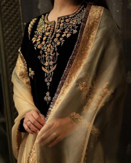 Casual Black Micro Velvet Embroidery Work Pakistani Pant Suit With Beige Dupatta