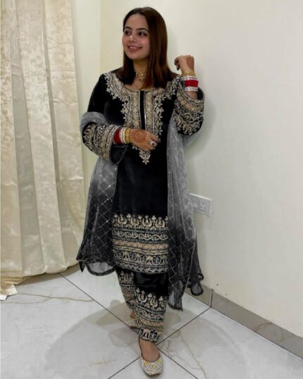 Casual Black Micro Velvet Embroidery Work Pakistani Pant Suit With Dupatta