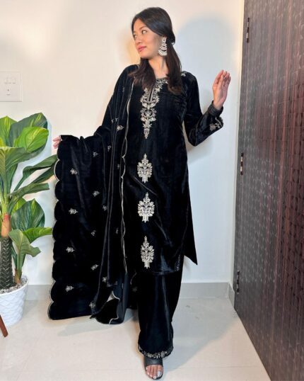 Casual Black Micro Velvet Embroidery Work Pakistani Suit With Dupatta