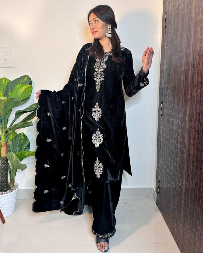 Casual Black Micro Velvet Embroidery Work Pakistani Suit With Dupatta