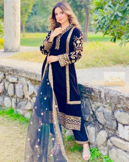 Casual Black Micro Velvet Embroidery Work Pant Suit With Dupatta