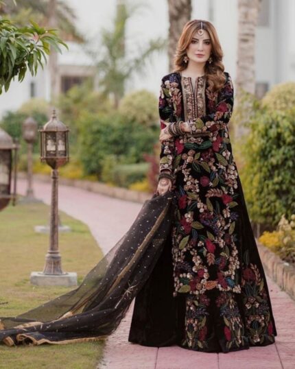 Casual Black Micro Velvet Embroidery Work Sharara Suit With Net Dupatta